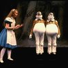 Actress Kate Burton w. actors Robert Boyle & John Remme as Tweedledum and Tweedledee in a scene fr. the Broadway revival of "Alice in Wonderland."