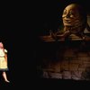 Actress Kate Burton w. Humpty Dumpty in a scene fr. the Broadway revival of "Alice in Wonderland."