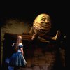 Actress Kate Burton w. Humpty Dumpty in a scene fr. the Broadway revival of "Alice in Wonderland."