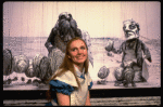 Actress Kate Burton w. Walrus & Carpenter marionettes in a scene fr. the Broadway revival of "Alice in Wonderland."