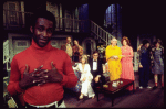 Actors (L-R) Cleavon Little, William LeMassena, Polly Holliday, Jill Eikenberry, Jim Jansen, Barnard Hughes, Anita Dangler, Zane Lasky & Pamela Payton-Wright in a scene fr. the Broadway play "All Over Town." (New York)