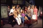 Seated on sofa (L-R) actor Cleavon Little, playwright Murray Schisgal, producer Adela Holzer, director Dustin Hoffman & actor Barnard Hughes w. cast in a publicity shot fr. the Broadway play "All Over Town." (New York)