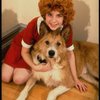 Actress Danielle Findley in costume as "Annie" w. dog Beau ("Sandy") in a publicity shot for the Broadway musical "Annie 2: Miss Hannigan's Revenge." (New York)