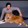 Animal trainer William Berloni w. dog Beau ("Sandy") in a publicity shot for the Broadway musical "Annie 2: Miss Hannigan's Revenge." (New York)