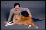 Animal trainer William Berloni w. dog Beau ("Sandy") in a publicity shot for the Broadway musical "Annie 2: Miss Hannigan's Revenge." (New York)