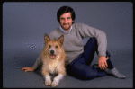 Animal trainer William Berloni w. dog Beau ("Sandy") in a publicity shot for the Broadway musical "Annie 2: Miss Hannigan's Revenge." (New York)