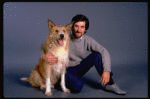 Animal trainer William Berloni w. dog Beau ("Sandy") in a publicity shot for the Broadway musical "Annie 2: Miss Hannigan's Revenge." (New York)