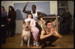 Actors (L-R) Danielle Findley, Gerry McIntyre & Fiely Matias w. Beau the dog ("Sandy"), in a rehearsal shot for the Broadway musical "Annie 2: Miss Hannigan's Revenge." (New York)
