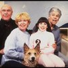 Actors (L-R) Harve Presnell, Dorothy Loudon, Danielle Findley & Ronny Graham, w. Beau the dog ("Sandy") in a publicity shot for the Broadway musical "Annie 2: Miss Hannigan's Revenge." (New York)