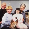 Actors (L-R) Harve Presnell, Dorothy Loudon, Danielle Findley & Ronny Graham, w. Beau the dog ("Sandy") in a publicity shot for the Broadway musical "Annie 2: Miss Hannigan's Revenge." (New York)
