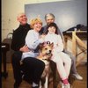 Actors (L-R) Harve Presnell, Dorothy Loudon, Danielle Findley & Ronny Graham, w. Beau the dog ("Sandy") in a publicity shot for the Broadway musical "Annie 2: Miss Hannigan's Revenge." (New York)