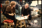 Designer Patricia Zipprodt & director/choreographer Bob Fosse discussing costume sketches at a rehearsal for the Broadway musical "Big Deal" (New York)