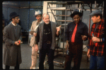 Director/choreographer Bob Fosse (C) discussing scene w. actors Alde Lewis, Jr. (L), Alan Weeks (2L), Cleavant Derricks (2R) & Larry Marshall (R) at a rehearsal for the Broadway musical "Big Deal" (New York)