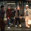 Director/choreographer Bob Fosse (C) discussing scene w. actor Cleavant Derricks (L), Larry Marshall (2L) & Alan Weeks (R) at a rehearsal for the Broadway musical "Big Deal" (New York)