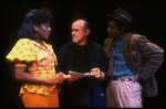 Director/choreographer Bob Fosse (C) discussing scene w. actors Loretta Devine (L) & Cleavant Derricks (R) at a dress rehearsal for the Broadway musical "Big Deal" (New York)