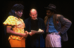 Director/choreographer Bob Fosse (C) discussing scene w. actors Loretta Devine (L) & Cleavant Derricks (R) at a dress rehearsal for the Broadway musical "Big Deal" (New York)