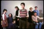 Actors (L-R) Olivia Laurel Mates, Barbara Caruso, Elizabeth Perkins, Jonathan Silverman, Joan Copeland, Charles Cioffi (seated) & Mark Nelson in a rehearsal shot fr. the first National tour of the Broadway play "Brighton Beach Memoirs."