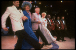 (L-R) Comedian Adam Keefe, actress Travis Hudson, singers Dick Haymes & the "Incomparable" Hildegarde, w. vocal group the Ink Spots in a kick line fr. the concert "Big Broadcast of 1944." (Westbury)