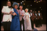 (L-R) Comedian Adam Keefe, actress Travis Hudson, singers Dick Haymes & the "Incomparable" Hildegarde, w. vocal group the Ink Spots in a kick line fr. the concert "Big Broadcast of 1944." (Westbury)