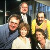 (Top L-R) Director Charles Nelson Reilly, actor Jack Weston & playwright Ira Levin, (Bottom L-R) actors Julie Harris & Rene Auberjonois in a rehearsal shot fr. the  Broadway play "Break A Leg." 