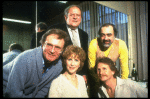 (Top L-R) Director Charles Nelson Reilly, actor Jack Weston & playwright Ira Levin, (Bottom L-R) actors Julie Harris & Rene Auberjonois in a rehearsal shot fr. the  Broadway play "Break A Leg." 