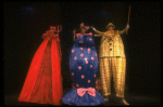 Ensemble members in giant clown costumes in a scene fr. the Goodspeed Opera House production of the musical "A Broadway Baby." (Chester)