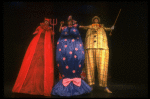 Ensemble members in giant clown costumes in a scene fr. the Goodspeed Opera House production of the musical "A Broadway Baby." (Chester)