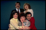 Actors (Front L-R) Karen Mason, Vicki Lewis & Ray Gill, (Top L-R) Gary Beach & Carolyn Casanave in a publicity shot fr. the Off-Broadway revue "Bundle of Nerves." (New York)