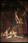 Actor Jim Dale walking a tight rope in a scene fr. the Broadway musical "Barnum." (New York)