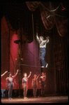 Actor Stacy Keach walking a tight rope in a scene fr. the National tour of the Broadway musical "Barnum." (New Orleans)