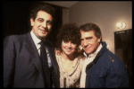 L-R) Singer Placido Domingo, actress Linda Ronstadt & producer Joseph Papp backstage at the New York Shakespeare Festival production of the musical "La Boheme." (New York)