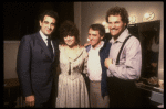 L-R) Singer Placido Domingo, actress Linda Ronstadt, producer Joseph Papp & actor David Carroll backstage at the New York Shakespeare Festival production of the musical "La Boheme." (New York)