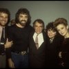 L-R) Actors David Carroll & Gary Morris, producer Joseph Papp, & actresses Linda Ronstadt & Patti Cohenour at the opening night party for the New York Shakespeare Festival production of the musical "La Boheme." (New York)