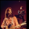 Performers Leslie Fradkin (L) & Justin McNeill (back)   impersonating George Harrison & Ringo Starr in a scene fr. the Broadway entertainment "Beatlemania." (New York)