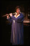 Actress Kaye Ballard playing the flute in a scene fr. her one-woman Off-Broadway musical "Hey Ma!." (New York)