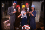 Actors (L-R) Colin Fox, Dana Ivey, Tracy Pollan, George N. Martin & Rosemary Harris in a scene fr. the Broadway play "Pack of Lies." (New York)