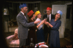 Actors (L-R) Colin Fox, Dana Ivey, Tracy Pollan, George N. Martin & Rosemary Harris in a scene fr. the Broadway play "Pack of Lies." (New York)