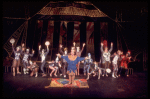 Actors Eric Berry (C) & John Rubinstein (R) w. cast in a scene fr. the Broadway musical "Pippin." (New York)