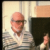 Director Hal Prince (L) & set designer Timothy O'Brien (R) w. set model at the first rehearsal of the Broadway musical "A Doll's Life." (New York)