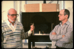 Director Hal Prince (L) & set designer Timothy O'Brien (R) w. set model at the first rehearsal of the Broadway musical "A Doll's Life." (New York)