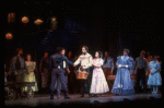 Actors (4L-C) Martin Vidnovic, Laurence Guittard, Christine Andreas & Mary Wickes (3R) w. cast in a scene fr. the Broadway revival of the musical "Oklahoma!." (New York)