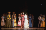 Actors Mary Wickes (3L), Laurence Guittard & Christine Andreas (C) w. cast in a scene fr. the Broadway revival of the musical "Oklahoma!." (New York)