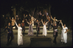 Actors (Front L-2L) Kevin Kline & Blythe Danner w. entire cast in a scene fr. the New York Shakespeare Festival production of the play "Much Ado About Nothing" at the Delacorte Theater in Central Park. (New York)