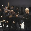 Actor Steven Berkoff (fr., R) w. cast members in a scene fr. the New York Shakespeare Festival  production of the play "Coriolanus." (New York)