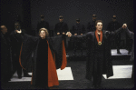 Actors (L-R, fr.) Irene Worth & Christopher Walken w. cast members in a scene fr. the New York Shakespeare Festival production of the play "Coriolanus." (New York)