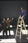 Actor Christopher Walken (on ladder) w. cast members in a scene fr. the New York Shakespeare  production of the play "Coriolanus." (New York)