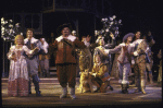 Actors (L-R) Deborah Rush, James Goodwin, Jerome Dempsey, Roxanne the dog, Dylan Baker, Elizabeth McGovern and Thomas Gibson in scene from NY Shakespeare Festival production of "Two Gentlemen of Verona" at the Delacorte Theater in Central Park. (New York)