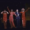 L-R) Actresses Andrea McArdle & Leslie Uggams, composer Jerry Herman & actress Carol Channing in a scene fr. the National tour of the musical revue "Jerry's Girls." (New York)