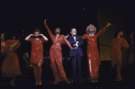 L-R) Actresses Andrea McArdle & Leslie Uggams, composer Jerry Herman & actress Carol Channing in a scene fr. the National tour of the musical revue "Jerry's Girls." (New York)