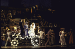 Actors Mark Jacoby & Rebecca Luker (C, on platform) w. cast in a scene fr. the revival of the Broadway musical "Showboat." (New York)